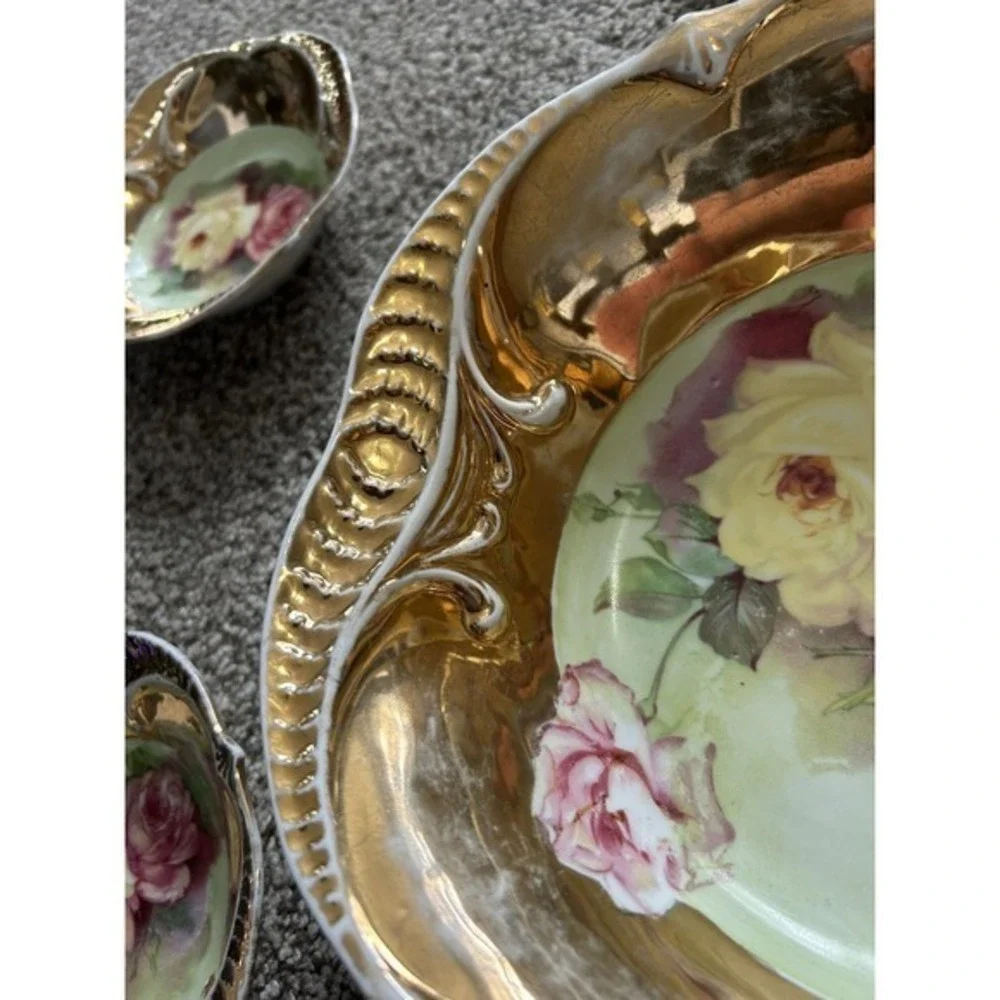 7-PC Antique Hand Painted Nippon Floral & Gold Nut Bowl &‎ 6 Salt Cellar Dishes